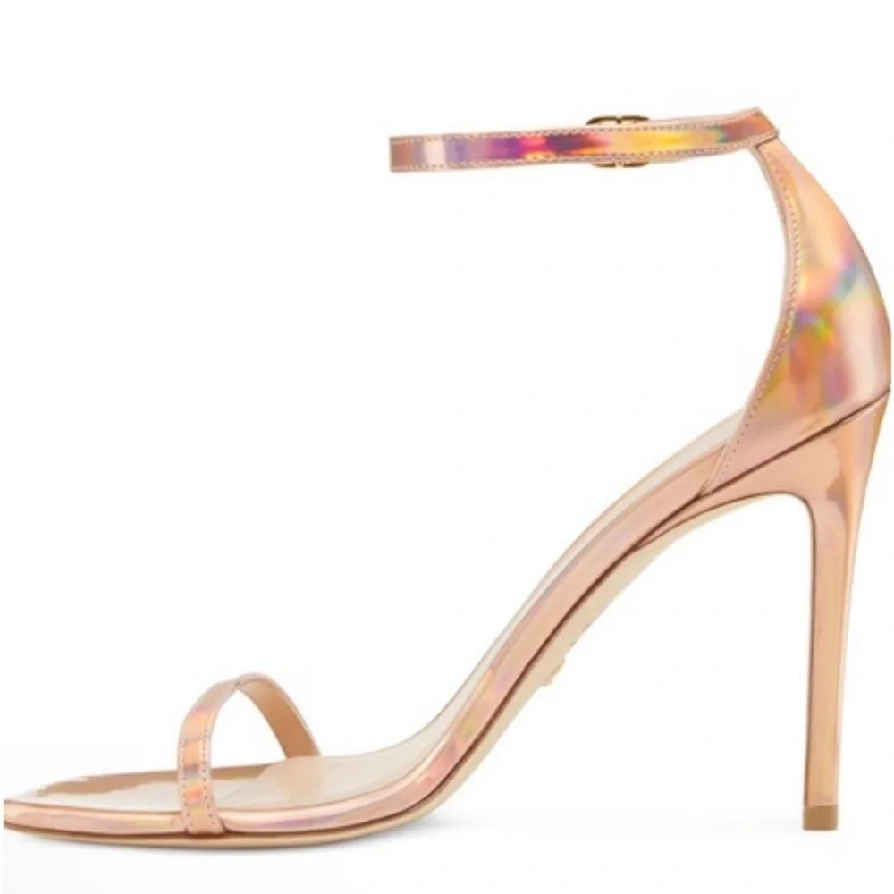 Stuart Weitzman Nudistcurve 100 Ankle Strap Heel Rose Gold Metallic Hologram